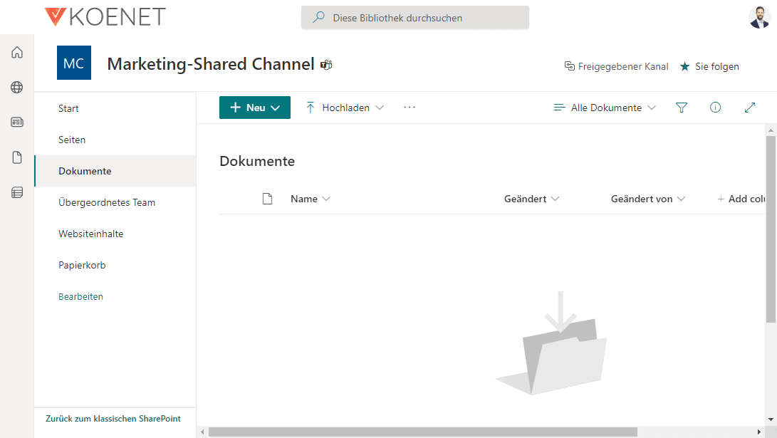 Shared Channel SharePoint Webseite